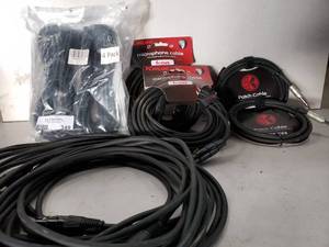 lot 349 image: 20 DMX 3 pin Cables (2 still in unopened boxes, 4 total) , Kirlin 6 Patch TRS Microphone Cable( 2 total), and Kirlin 25 XL Audio Cable (2 Total)