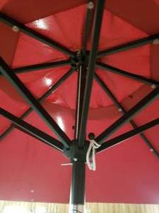 lot 379 image: Outdoor Umbrellas, 2 Red, 1 Blue