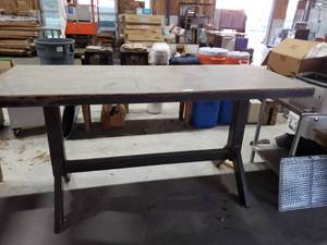 lot 398 image: Heavy Steel and Wood Bar Table with 3 x 4 Square Metal Tube Legs (W84 x D33 x H42 approx.)