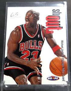 lot 63 image: 1998 98-99 Hoops Shout Outs Michael Jordan #13-SO, Sharp MJ Insert, Bulls
