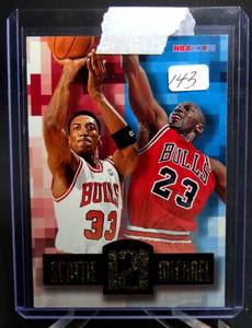 lot 143 image: 1996-97 Hoops Head2Head #HH2 Scottie Pippen Michael Jordan Chicago Bulls