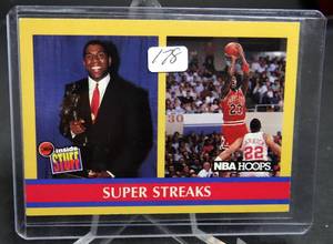 lot 178 image: 1990-91 Hoops #385 Michael Jordan & Magic Johnson Super Streaks Bulls Lakers