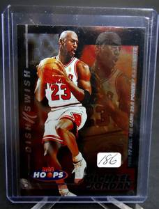 lot 186 image: MICHAEL JORDAN 1997 SKYBOX NBA HOOPS #5 DISH N SWISH FOIL INSERT CARD BULLS MJ