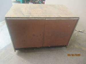 lot 268 image: 2 - DOOR 2 SHELF&nbsp METAL SHELF CABINET WITH&nbsp WOOD TOP&nbsp&nbsp40 X 25 X 30