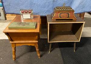 lot 61 image: 2 Side Tables, 2 boxes and 1 candle holder