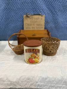 lot 200 image: Vintage Bread Box, sugar canister, wicker baskets, kitchen sign