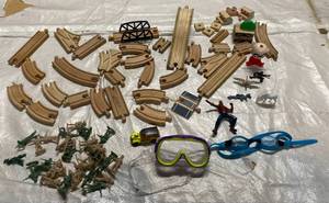 lot 89 image: Wooden CarTrain Track, GI Joe figurines