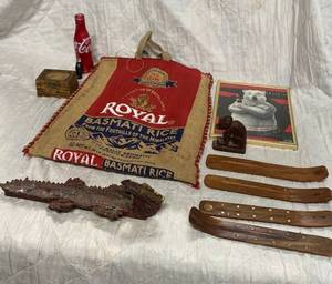 lot 178 image: Burlap bag, Coke Items, Incense burners, trinket box, wooden monkey