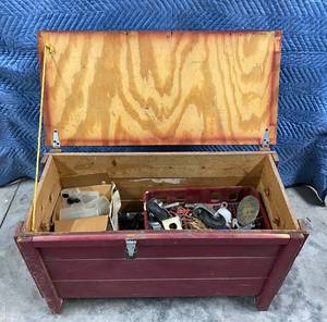 lot 193 image: Wooden Chest on wheels full of goodies