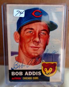 lot 74 image: AUTOGRAPHED -  AMAZING 1953 Topps EX Bob Addis Chicago Cubs #157 (67 YEARS OLD)