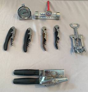 lot 64 image: 5 Corkscrews, 3 thermometers 1 can opener