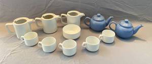 lot 66 image: 2 TeaCoffee Pots (ceramic) 3 Creamers no lids 5 small cups 1 small bowl