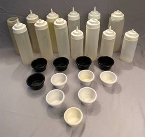 lot 80 image: 13 Plastic Condiment Bottle 11 small condiment bowls