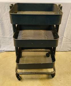 lot 107 image: 3 Tier Metal Mesh Storage shelf with Utility Rolling cart