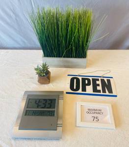 lot 122 image: Plastic Plants, Clock, Open Close sign, Occupancy Sign