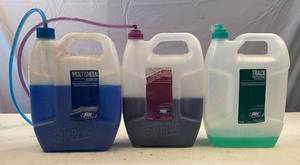 lot 142 image: Multi-sheen Concentrated Glass and Multi-Surface Cleaner 34 full.  Inside out Heavy duty degreaser 12 full.  Track Daily floor cleaner (almost empty)