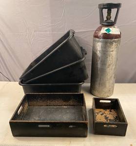 lot 151 image: 3 Bussing Boxes, 7h x 20w x 15d 2 wooded boxes 1 co2 Canister (empty)