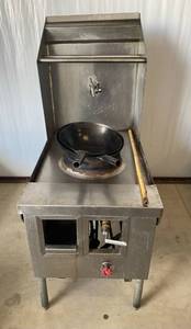 lot 5 image: Commercial 1 Ring Chinese Wok Range, Gas Single chamber model comes with an easy swing faucet 2 wok pans and bamboo handle included