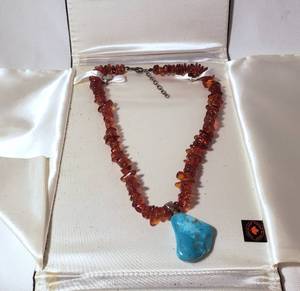 lot 184 image: Genuine Turquoise & Amber Necklace Sterling Silver