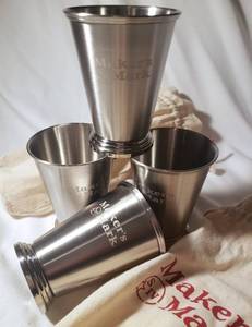 lot 186 image: Makers Mark Stainless Steel Collectible Cups  2 Sets  From a Kentucky Derby Party for Mint Julips