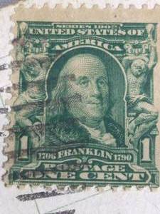 lot 83 image: 1902 SERIES BEN FRANKLIN STAMP ON POSTCARD. POST MARKED 1908 NOV 28 7AM WIS.