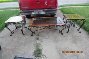 lot 76 image: 3 PIECE ROD IRON, WOOD, AND GLASS TABLE SET-