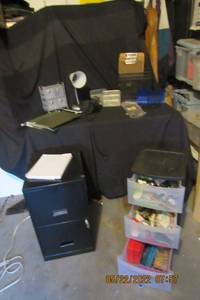 lot 83 image: FILING CABINET 2 DRAWER, MULTIPLE OFFICE SUPPLIES, ONE LAMP, AND AND WIRE MESH DESKTOP HOLDERS