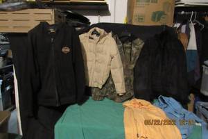 lot 153 image: HARLEY DAVIDSON SWEAT JACKET WITH HOOD, BREAK UP HUNTERS JACKET, 2 EACH WOMANS WINTER JACKETS, AND 2 FALL HOODIES