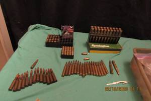 lot 28 image: WEAPON CARTRIDGES- REMINGTON HIGH VELOSITY 7MM REM MAG59 175 GRAINCORE LOKTPTD SOFT PT.-20 EACH, HORNADY 9MM LUGER1156 XTP23 ROUNDS  2 EACH FC AND BLAZER, CBCRP 45 AUTO ROUNDS 25 EACH,7.62 X 54R X 14, 30.06 X 18