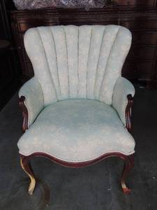 lot 15 image: QUEEN ANNE Chair Floral Light Blue design  NOTE HAS WATER DAMAGE AT BASE