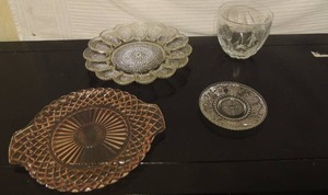 lot 217 image: Glass egg platter,  Pink glass cake plate,   glass rose bowl