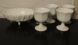 lot 179 image: Milk glass- Tall Vase 4x6.5 tall   GRAPE PATTERN  QTY 4 and Footed Oval Bowl   9x4.5