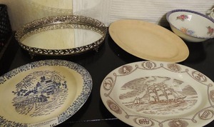 lot 161 image: Oval mirror, Clirch field china oval dish,  Brown and white Trade Winds Tepeo co. platter
