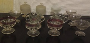 lot 223 image: 4 SHERBERT DISHES, 3 CLEARRED DESSERT DISHES, 2 FROSTED COVERED DISHES,  2 DOUBLE HANDLED