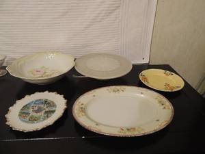 lot 224 image: Various kitchen dishes platters cake stand wall plates AND white and gold cake plate yellow old Spanish saucer floral 10 platter