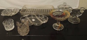 lot 228 image: Glass 2 tier candle stand covered candy dish 2 divided platters and more