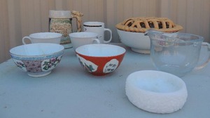 lot 230 image: Misc. kitchen items bowl, cups, pie cover and more