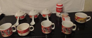 lot 234 image: 1998 Campbells soup container, 1994 west wood cup 3- 2000 Campbell soup cups with spoons and 3- 1998 covered bowls plus Campbells soup tin