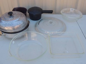lot 196 image: Pyrex Covered Casserole Dishes  qty 2,  Worthmore aluminum Pot with lid,   and MORE
