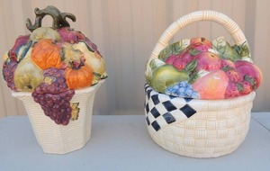 lot 94 image: Susan Winget fruit basket cookie jar 11x10 & Bico china fruitvegetable basket 11 cookie jar