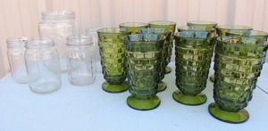 lot 222 image: FOSTERIA Green glasses x 11   AND assorted mason jars
