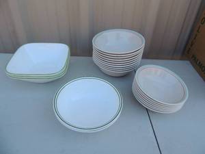 lot 208 image: 10 Correlle pink & blue trim bowls &  7 dessert bowls Correlle  2 green trim bowls and 3 Correlle square bowls