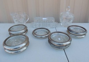 lot 201 image: Star of David crystal Covered butter dish,  creamer and sugar -   9 coasters with Silver Trim