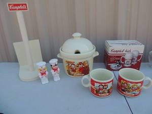 lot 235 image: 3 piece Campbell soup set NIB, Salt and pepper shaker, covered soup server and paper towel holder