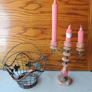 lot 160 image: Pink Marble 3 tier Candle Holder and Green metal wicker basket