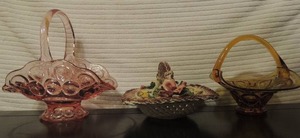 lot 221 image: Pink glass basket, brown glass basket wicker glass floral basket
