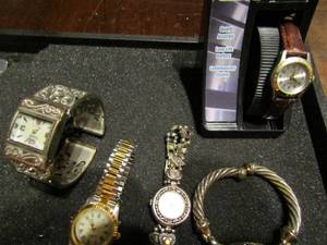 lot 363 image: 5 womens watches- quartz on brown band NEW, Kessars silver  cuff quartz, silver and gold stretch band quartz, decorative clasp bracelet , vernier rope band $2250 mother of pearl face