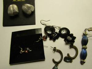 lot 366 image: Pierced earrings NEW silverwide hoop, black disc & bead, bronze color hoop with blue stone, dangle with Smokey bead NEW, blue an silver dangle