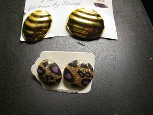 lot 361 image: Pierced earrings- gold vintage by ESSEX 1.5  and purple and gold leopard .75