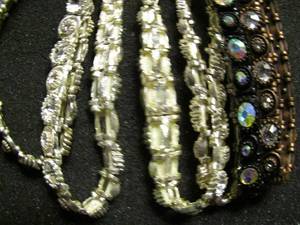 lot 357 image: Bracelets - bangle x 3, rhinestone, stretch with large clear stones and black and white clasp